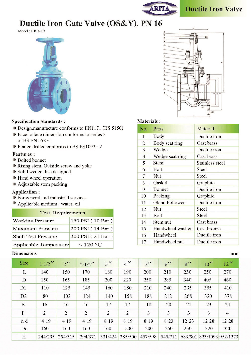 ARITA Ductile Iron Gate Valve (OS&Y), PN 16